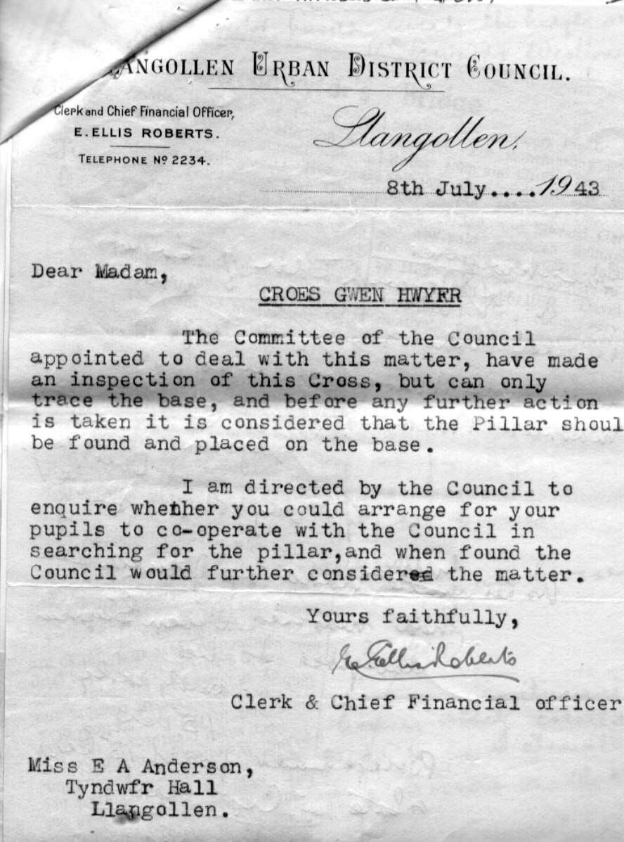 Letter from Llangollen Council to Miss E.A. Anderson about Croes y Gwenhwyfar